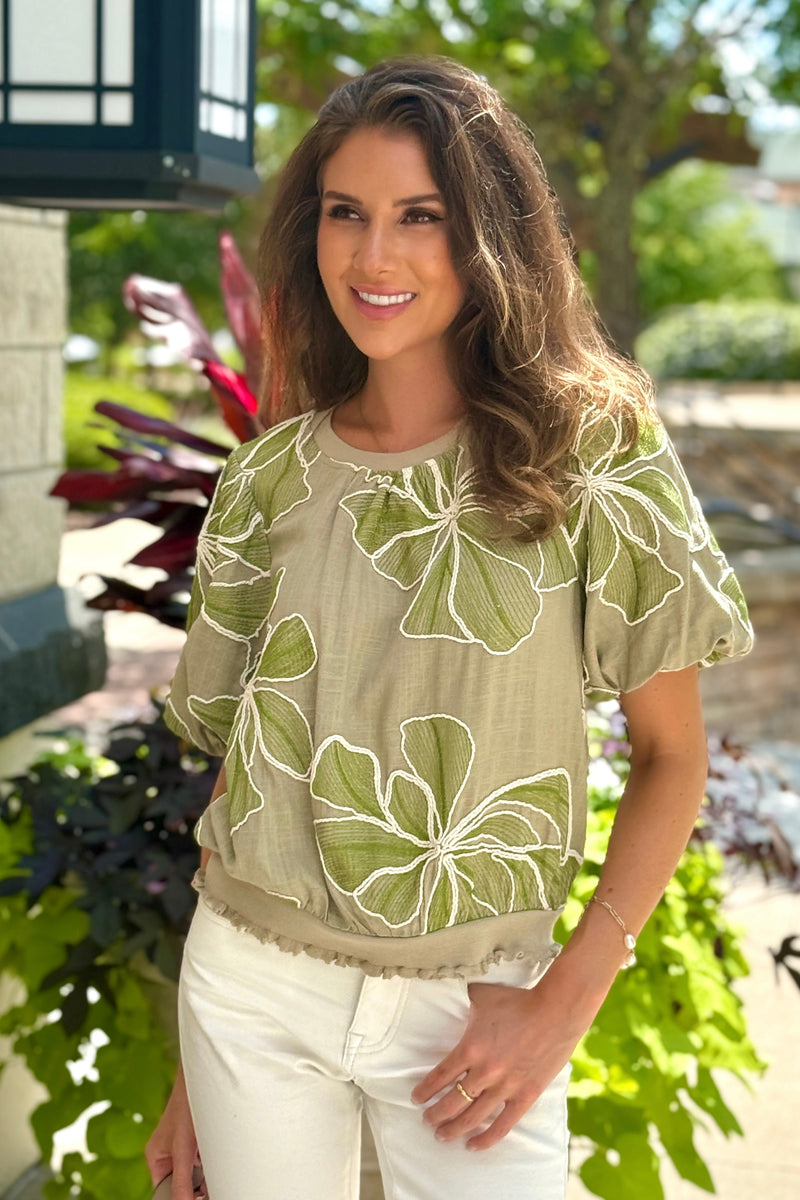 Bellamy Floral Detail Embroidery Top : Olive