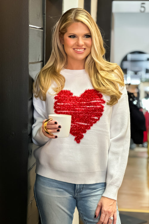 Anything For Love Sparkle Heart Sweater : White/Red