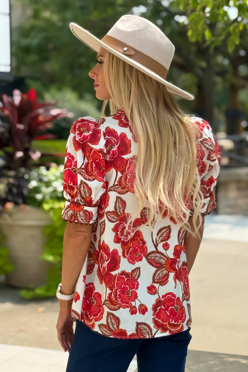 Danika Floral Print V neck Top : Brick