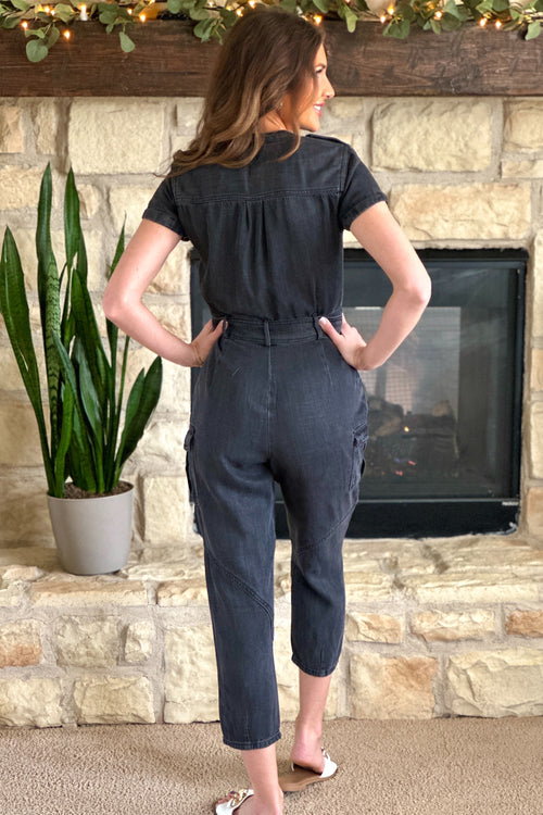 Gabrielle Velvet Heart Short Sleeve Jumpsuit : Black