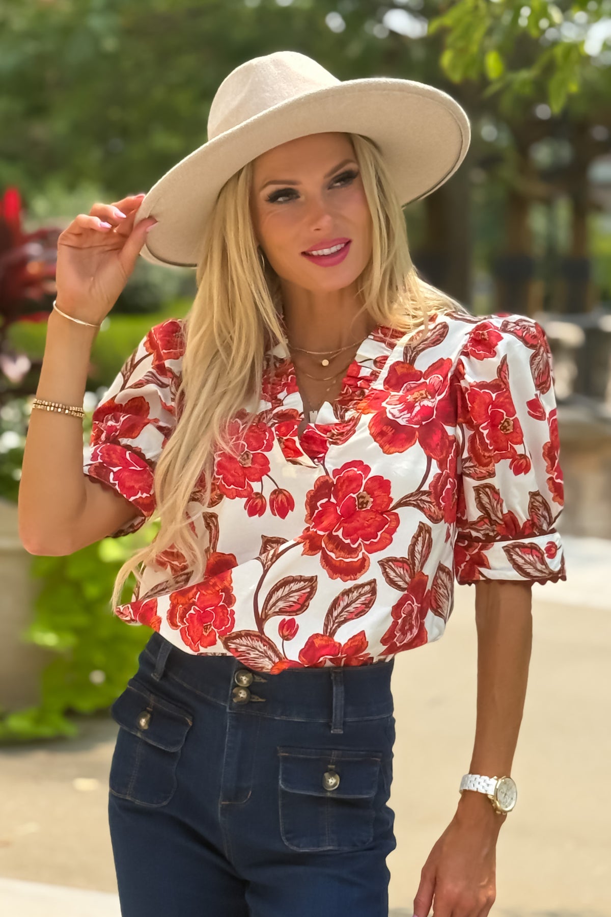 Danika Floral Print V neck Top : Brick