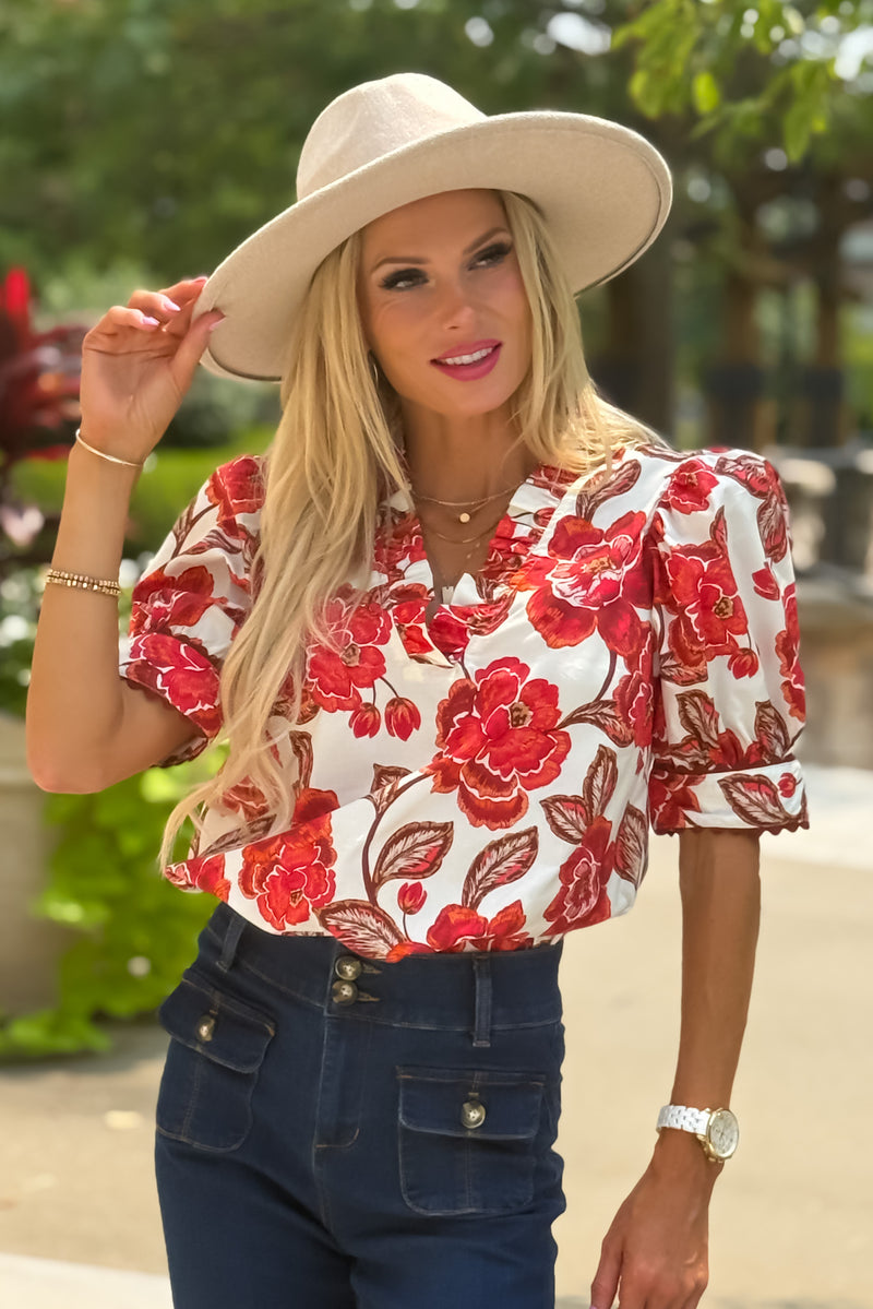 Danika Floral Print V neck Top : Brick