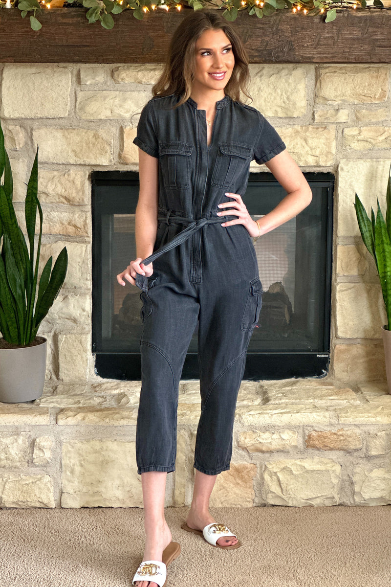 Gabrielle Velvet Heart Short Sleeve Jumpsuit : Black
