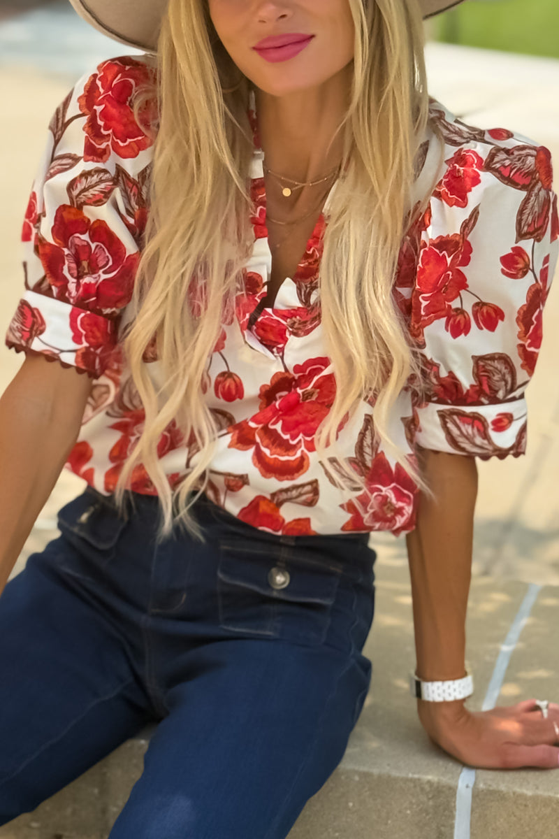 Danika Floral Print V neck Top : Brick