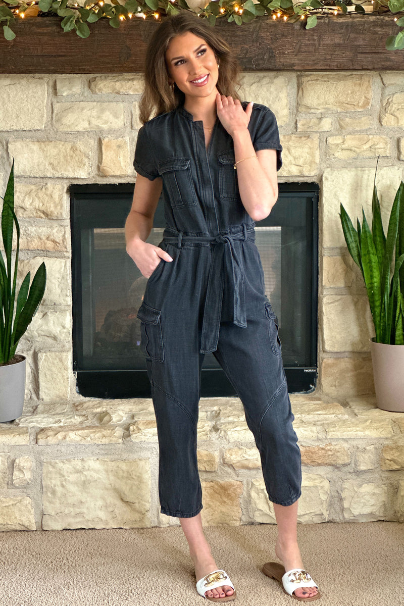 Gabrielle Velvet Heart Short Sleeve Jumpsuit : Black