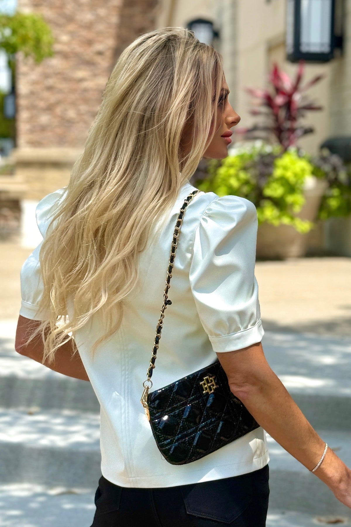 Una Split Neck Faux Leather Top : Cream