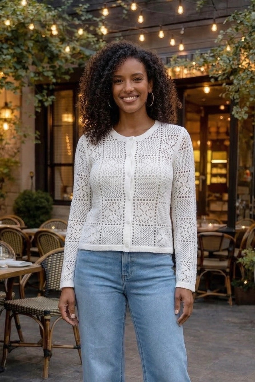 Annabelle Long Sleeve Crew Neck Cardigan : White