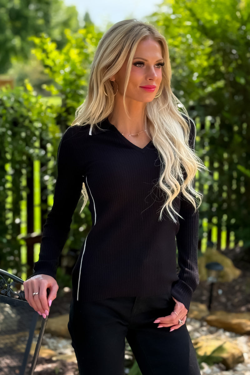Liverpool Maxine V neck Collared Sweater : Black