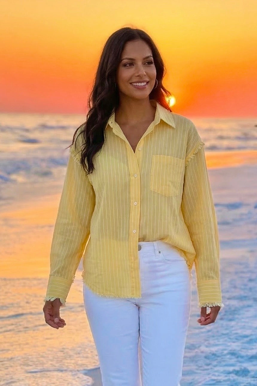 Malaya Woven Long Sleeve Striped Top : Yellow