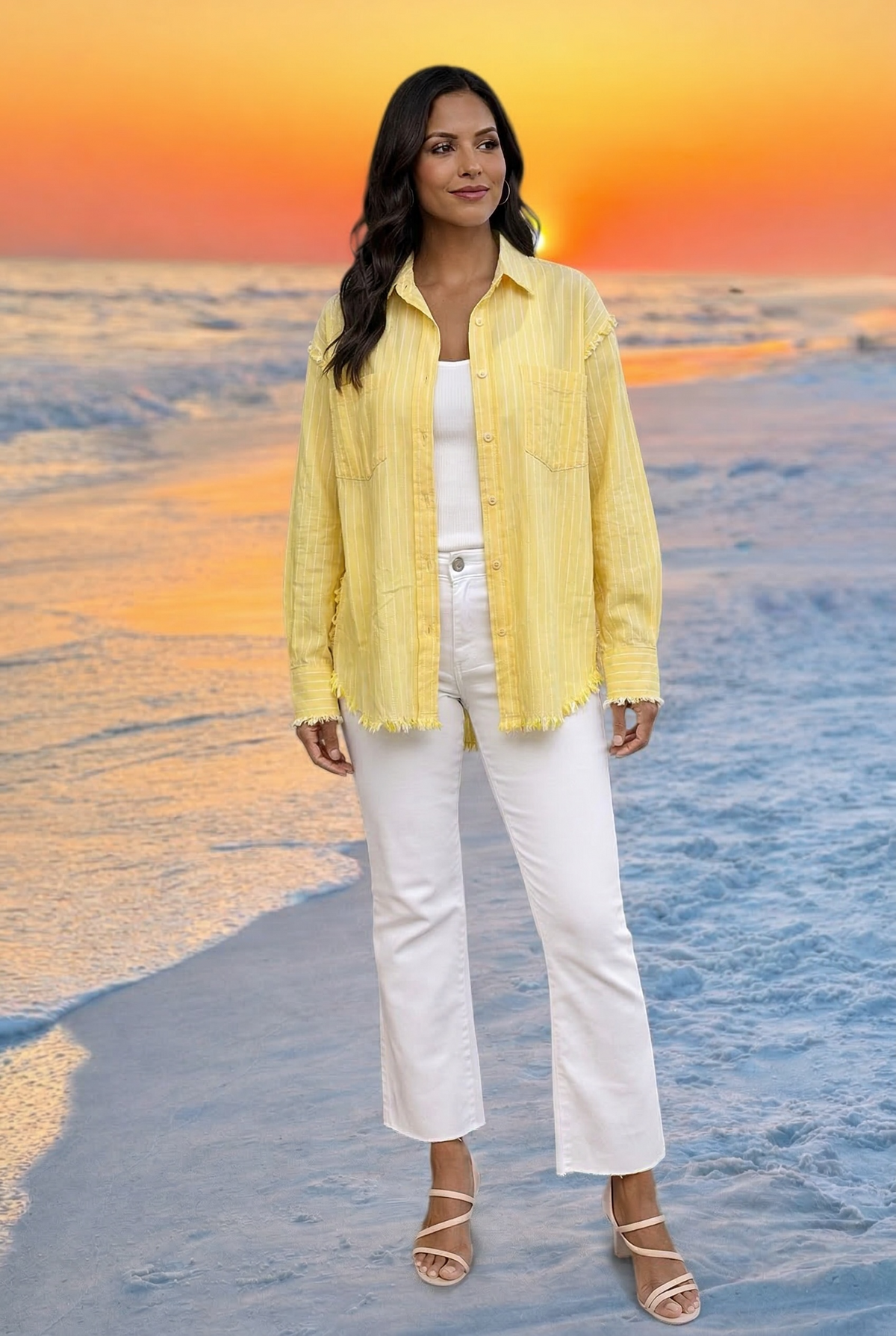 Malaya Woven Long Sleeve Striped Top : Yellow
