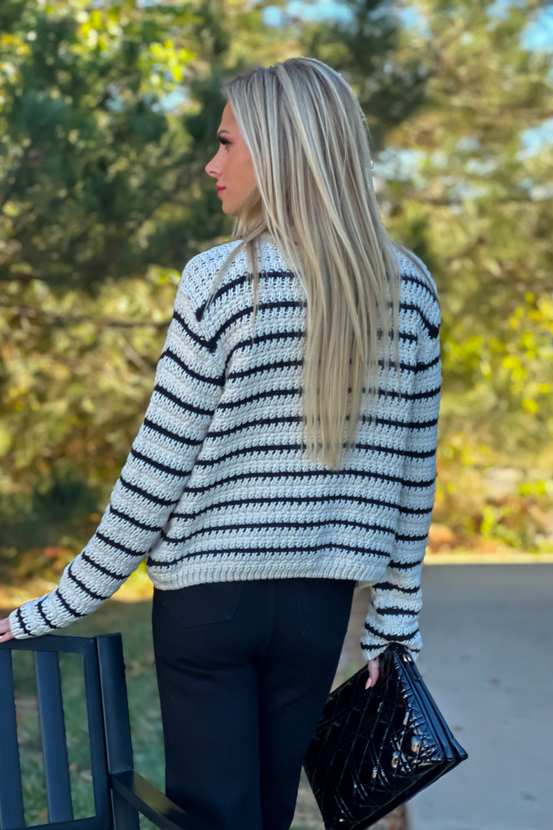 Leyna Striped Button Up Sweater : Navy