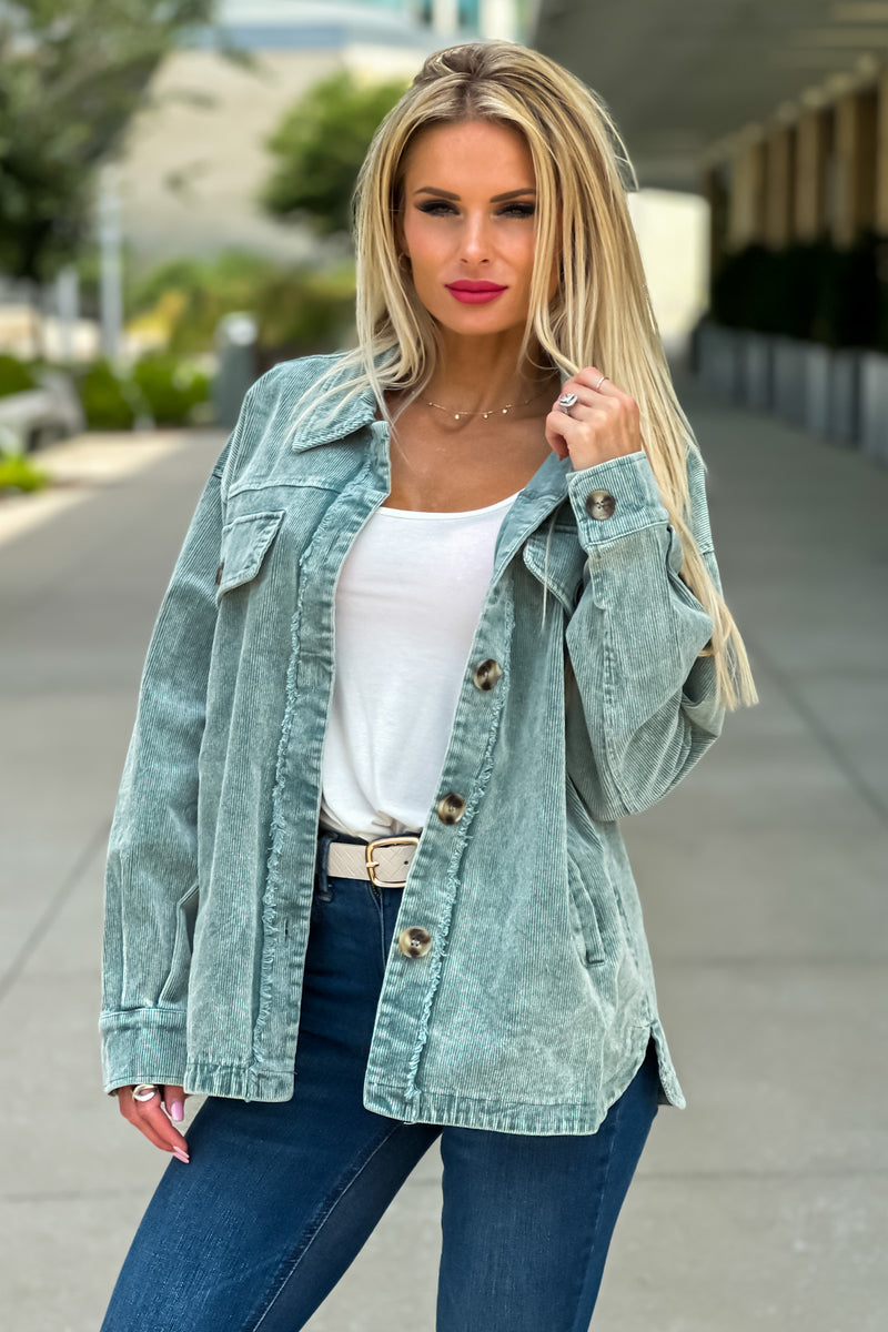 Words You Speak Corduroy Shacket : Vintage Green