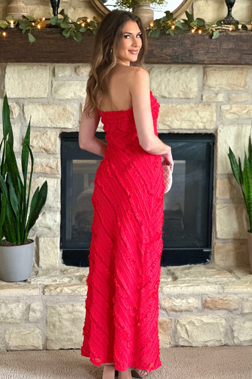 Shiloh Strapless Ruffled Maxi Dress : Red