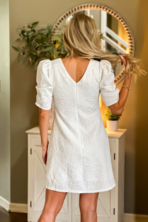Devan Half Puff Sleeve Rose Pattern Dress : Off White