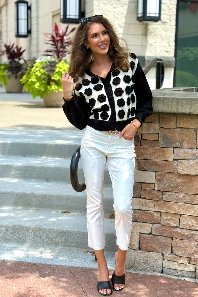 Echo Crochet Flower Button Front Cardigan : Black