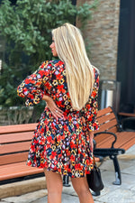 Through The Garden Floral Spit Neck Tiered Dress : Black/Orange