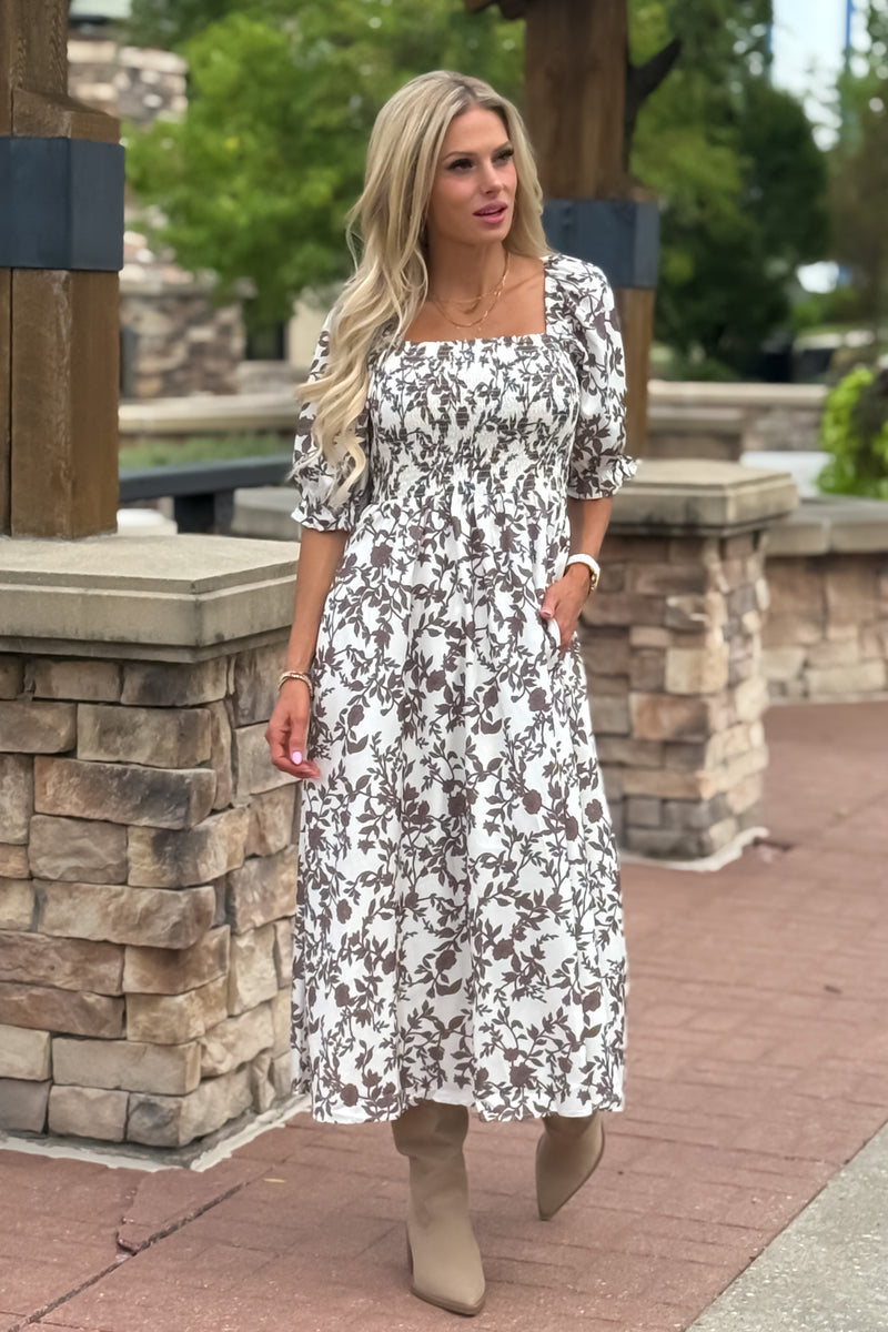 Elkie Balloon Sleeve Smocked Midi Dress : Ivory/Chocolate