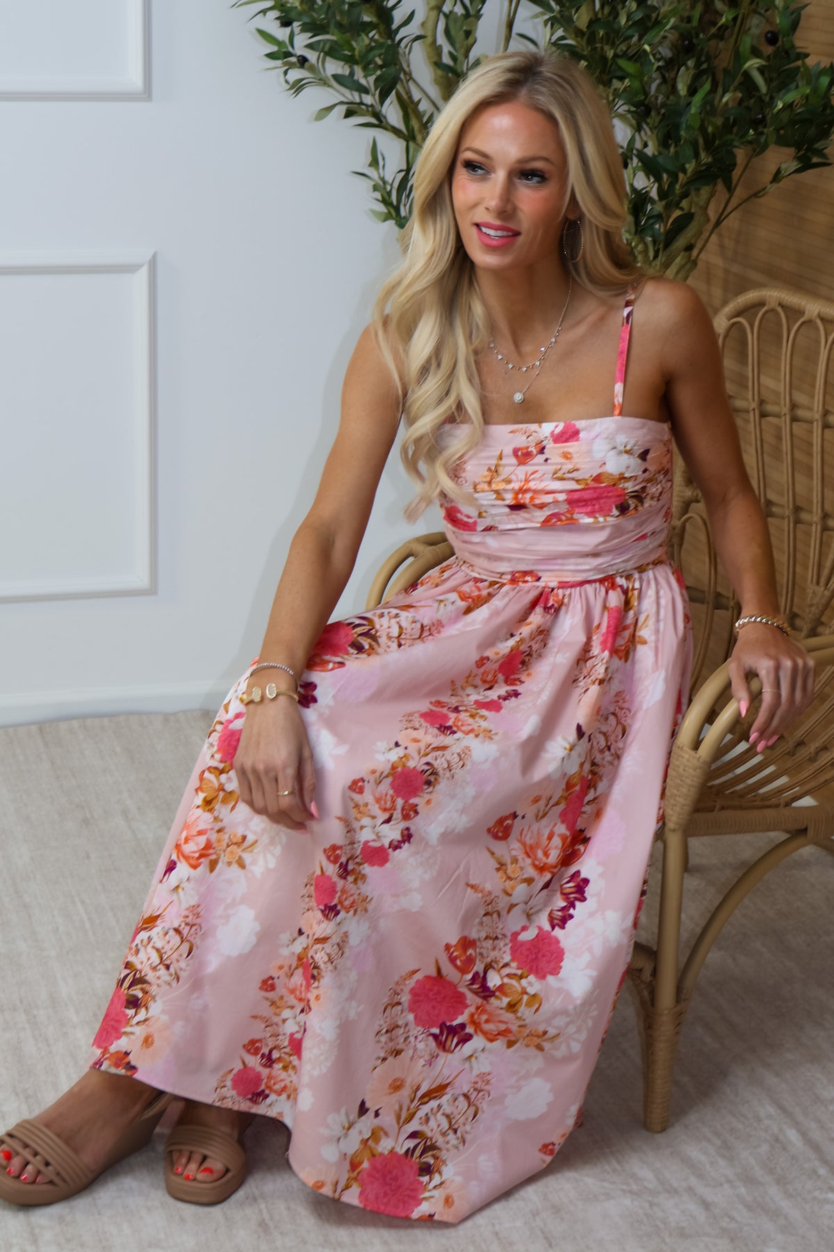 Destiny Flower Print Midi Dress : Pink Multi