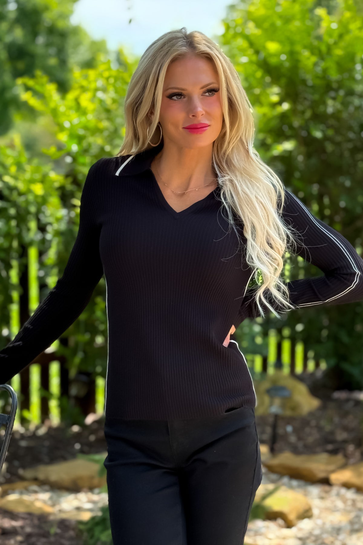 Liverpool Maxine V neck Collared Sweater : Black