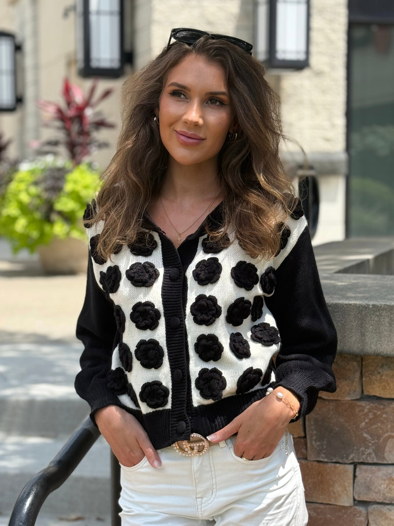 Echo Crochet Flower Button Front Cardigan : Black