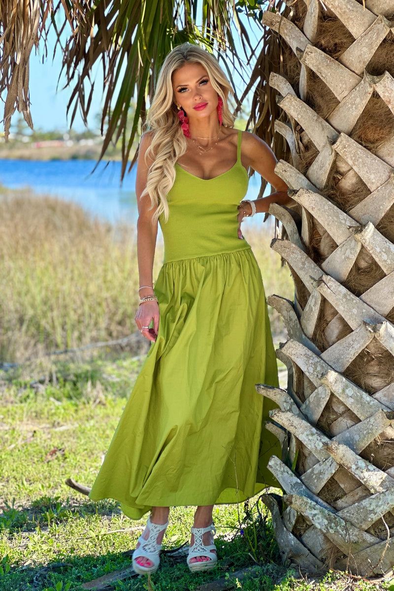 Moon River Braelyn Mixed Media Midi Dress : Green