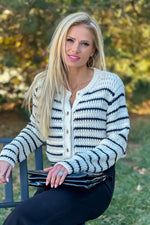 Leyna Striped Button Up Sweater : Navy