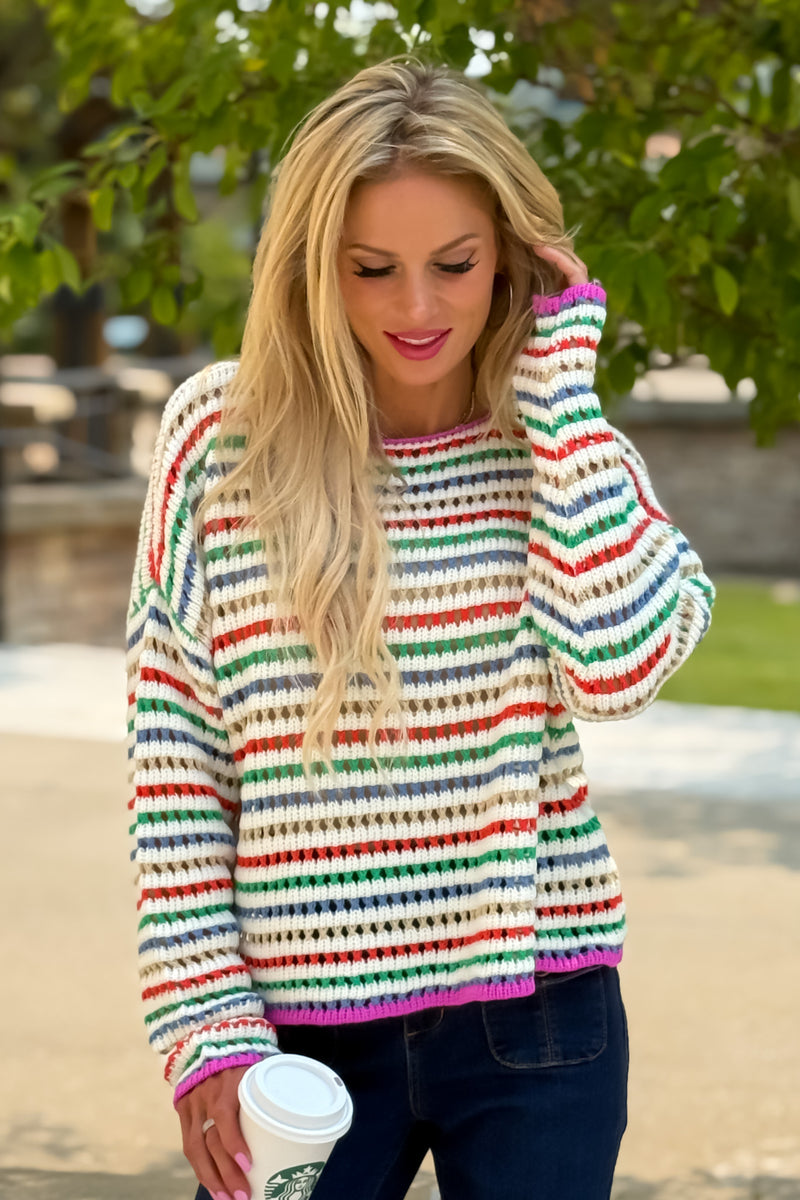 Indara Striped Crochet Drop Shoulder Sweater : Multi