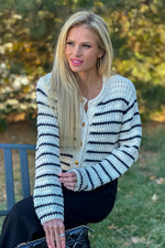 Leyna Striped Button Up Sweater : Navy