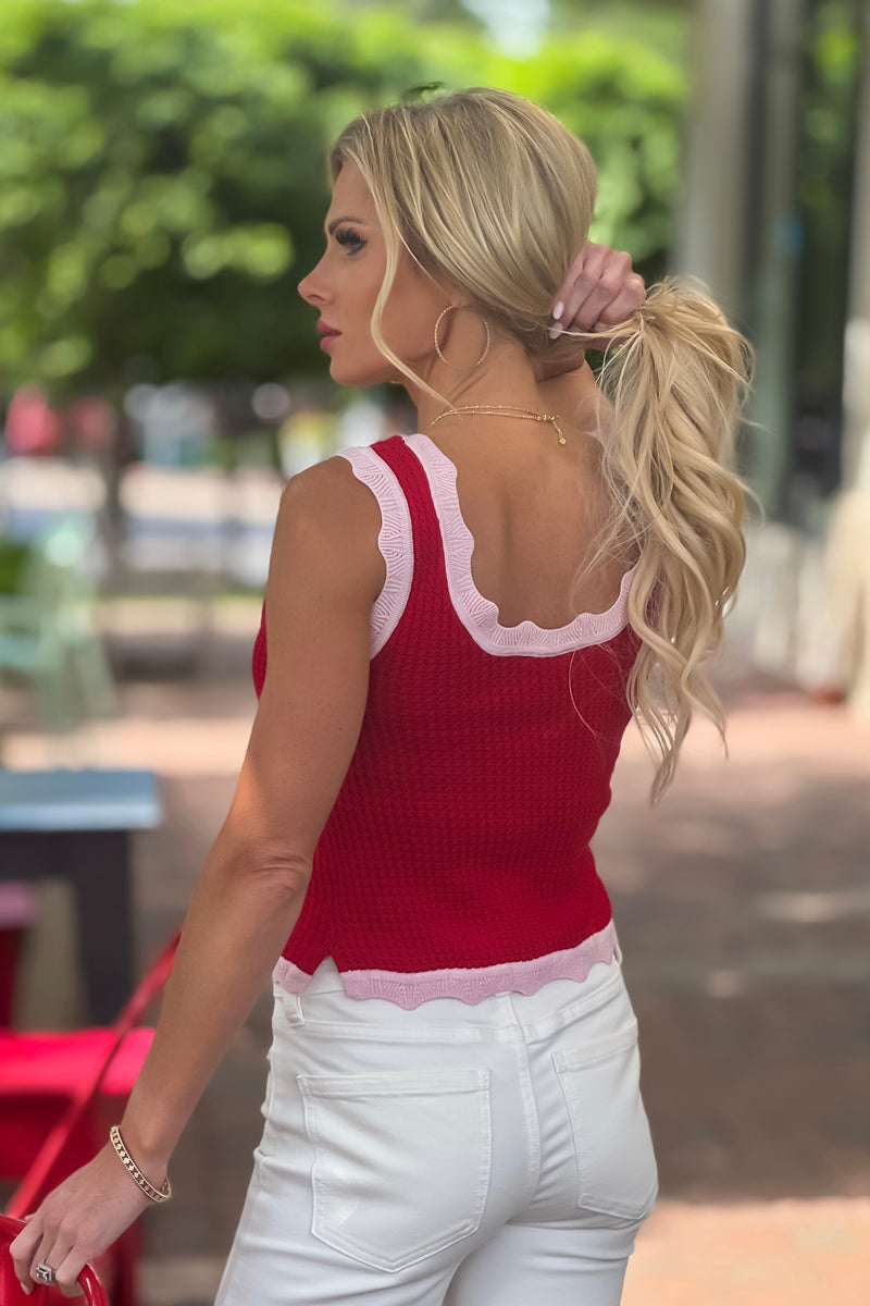 Shakya Scalloped Edge Knit Tank Top : Red