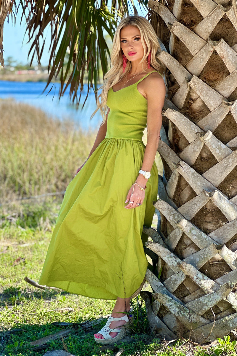 Moon River Braelyn Mixed Media Midi Dress : Green