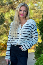 Leyna Striped Button Up Sweater : Navy