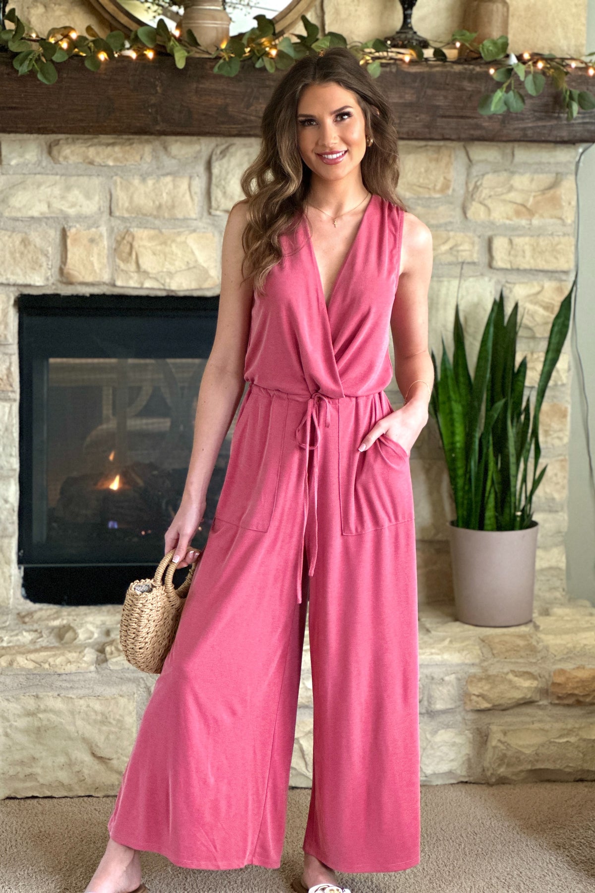 Darah Modal Ribbed Surplice Neck Jumpsuit : Washed Red