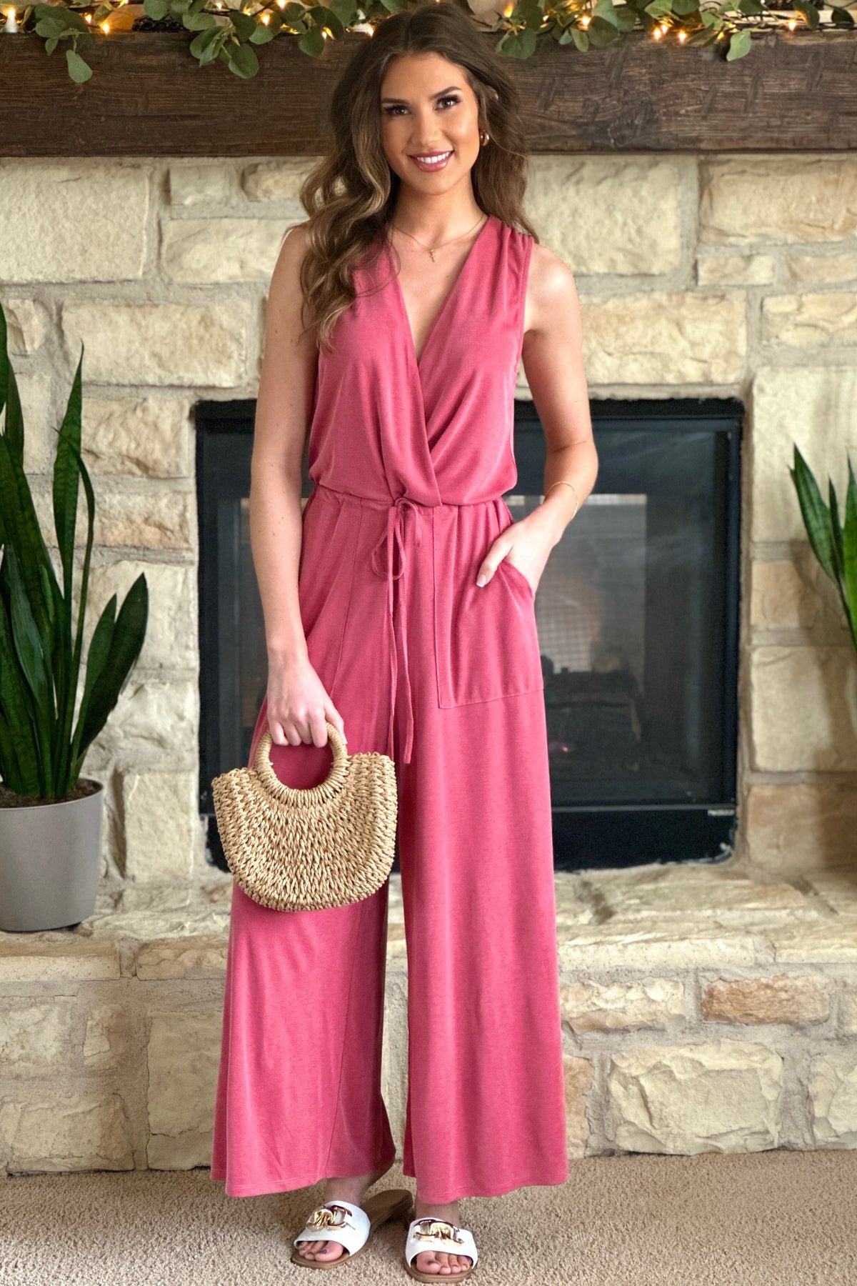 Darah Modal Ribbed Surplice Neck Jumpsuit : Washed Red