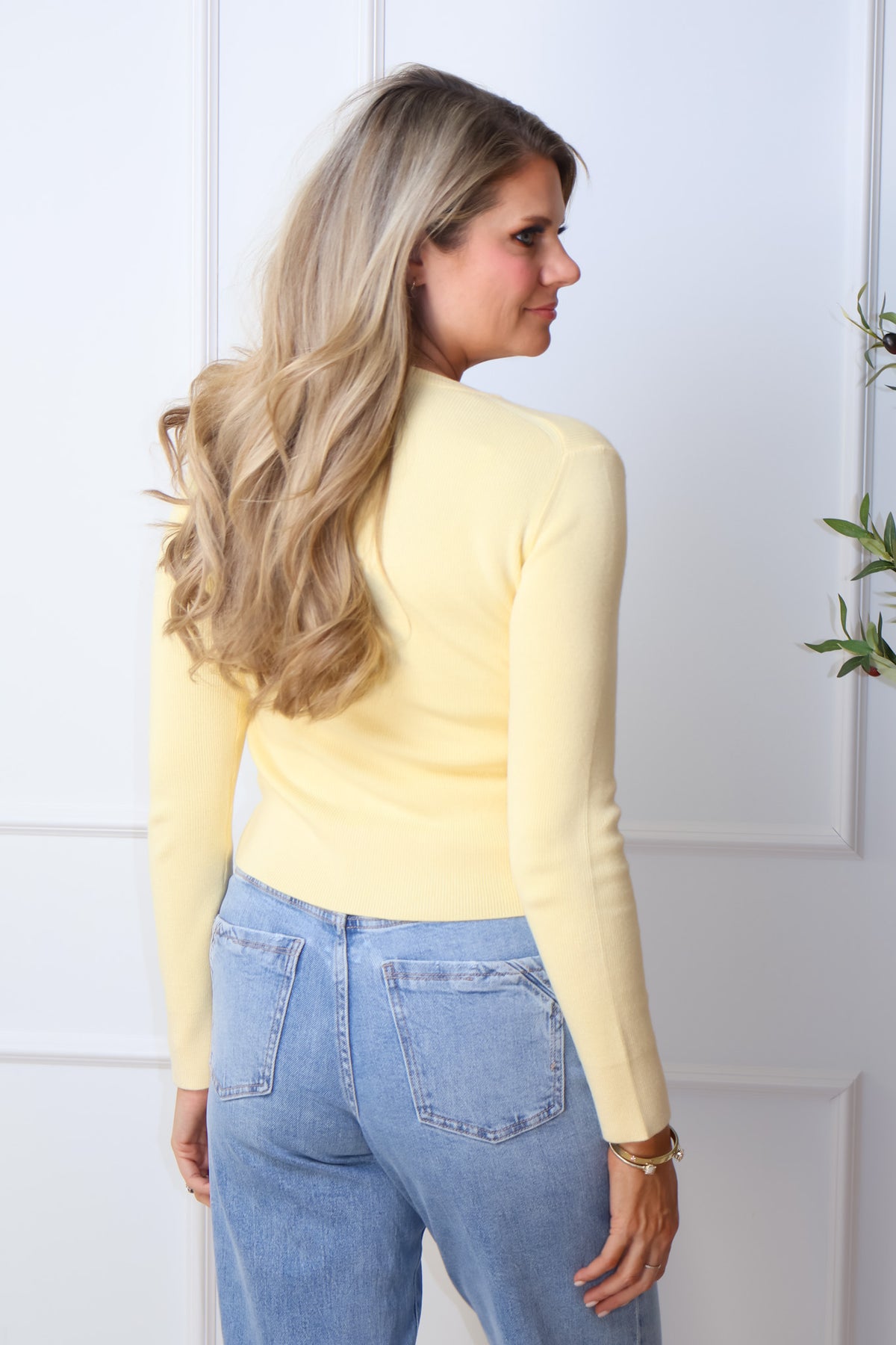 Valeria Ribbed Crewneck Cardigan : Yellow