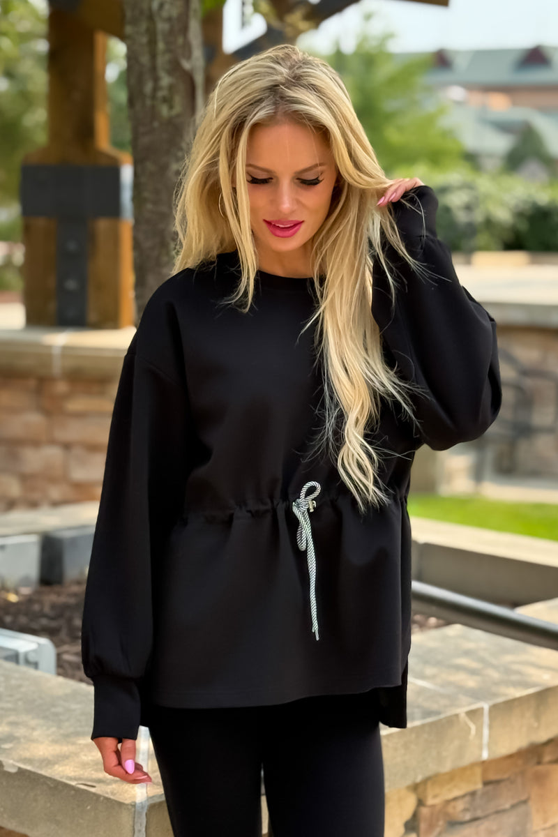 Ginny Drawstring Waist Split Side Top : Black