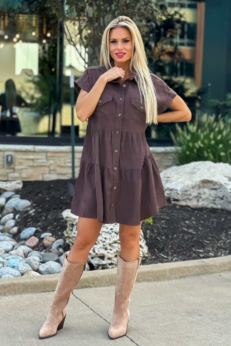 At My Best Corduroy Button Tiered Dress : Espresso