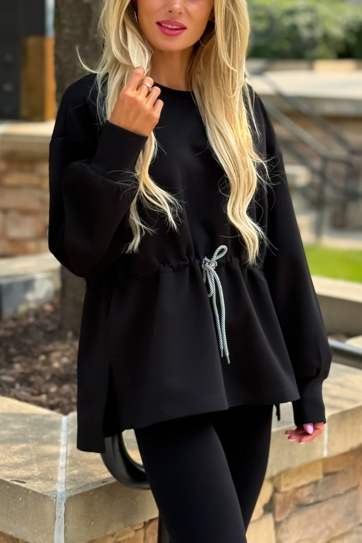 Ginny Drawstring Waist Split Side Top : Black