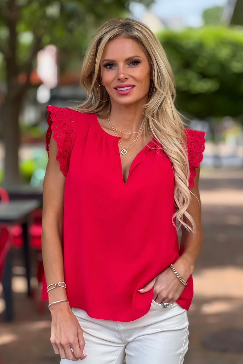 Seona Crochet Sleeve Button Top Blouse : Red