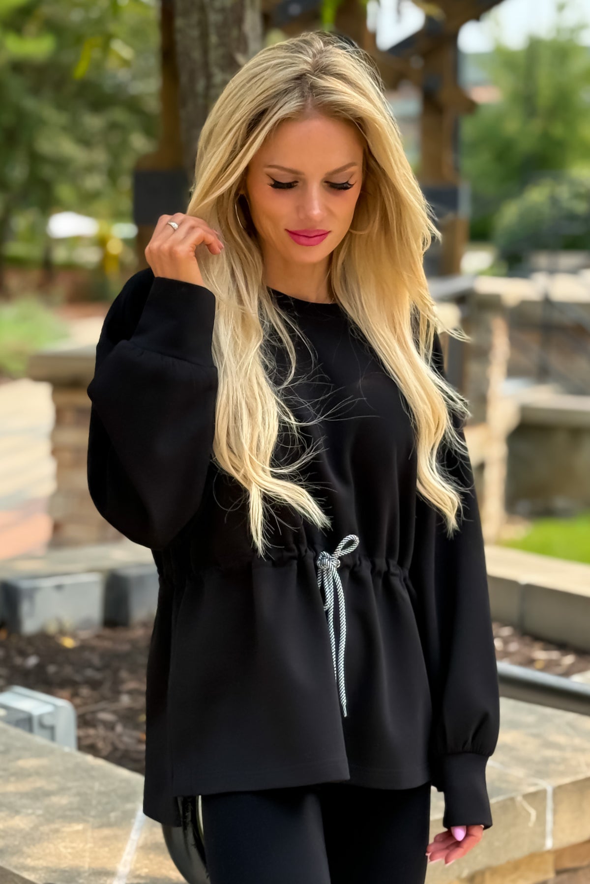 Ginny Drawstring Waist Split Side Top : Black
