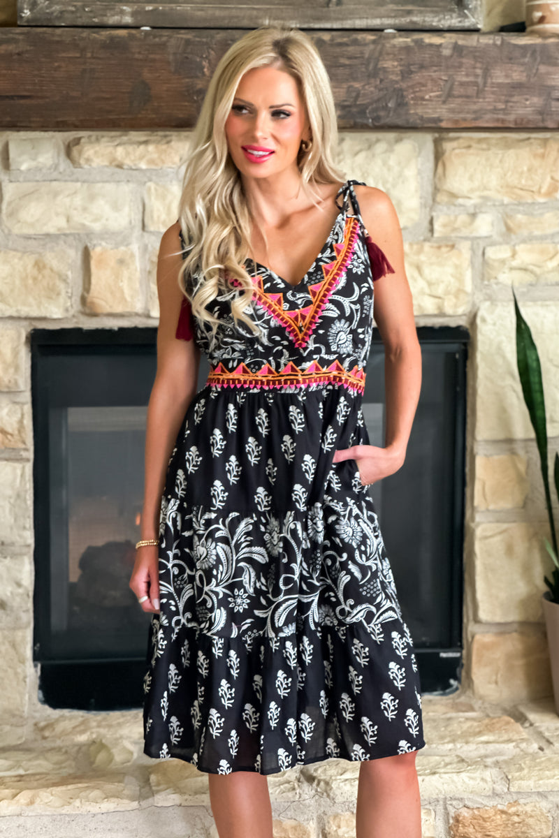 Tribal Gemma Border Print Embroidered Maxi Dress: Black