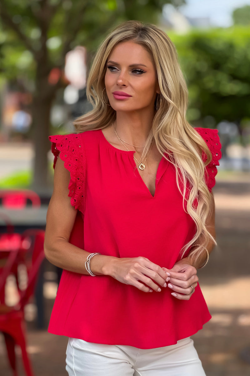 Seona Crochet Sleeve Button Top Blouse : Red