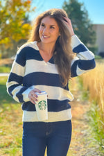 Sumner Big Collar Striped Sweater : Navy