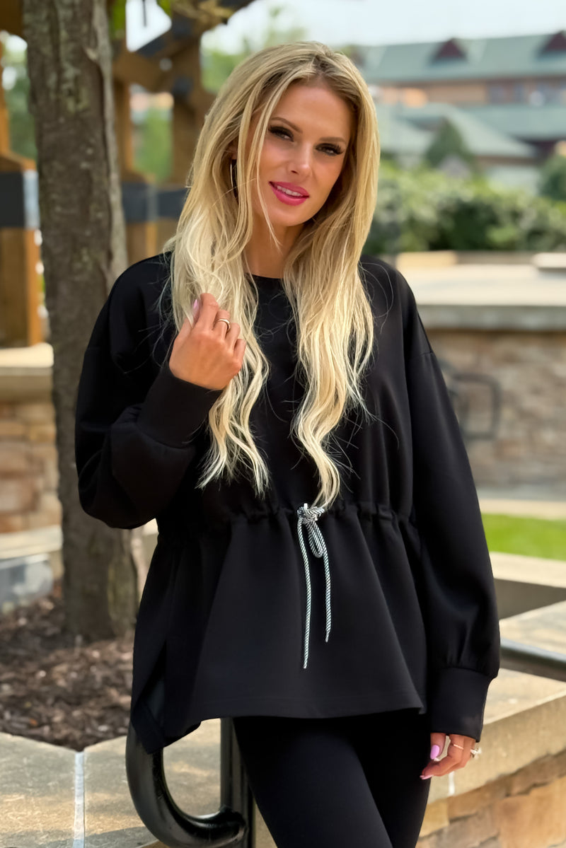 Ginny Drawstring Waist Split Side Top : Black