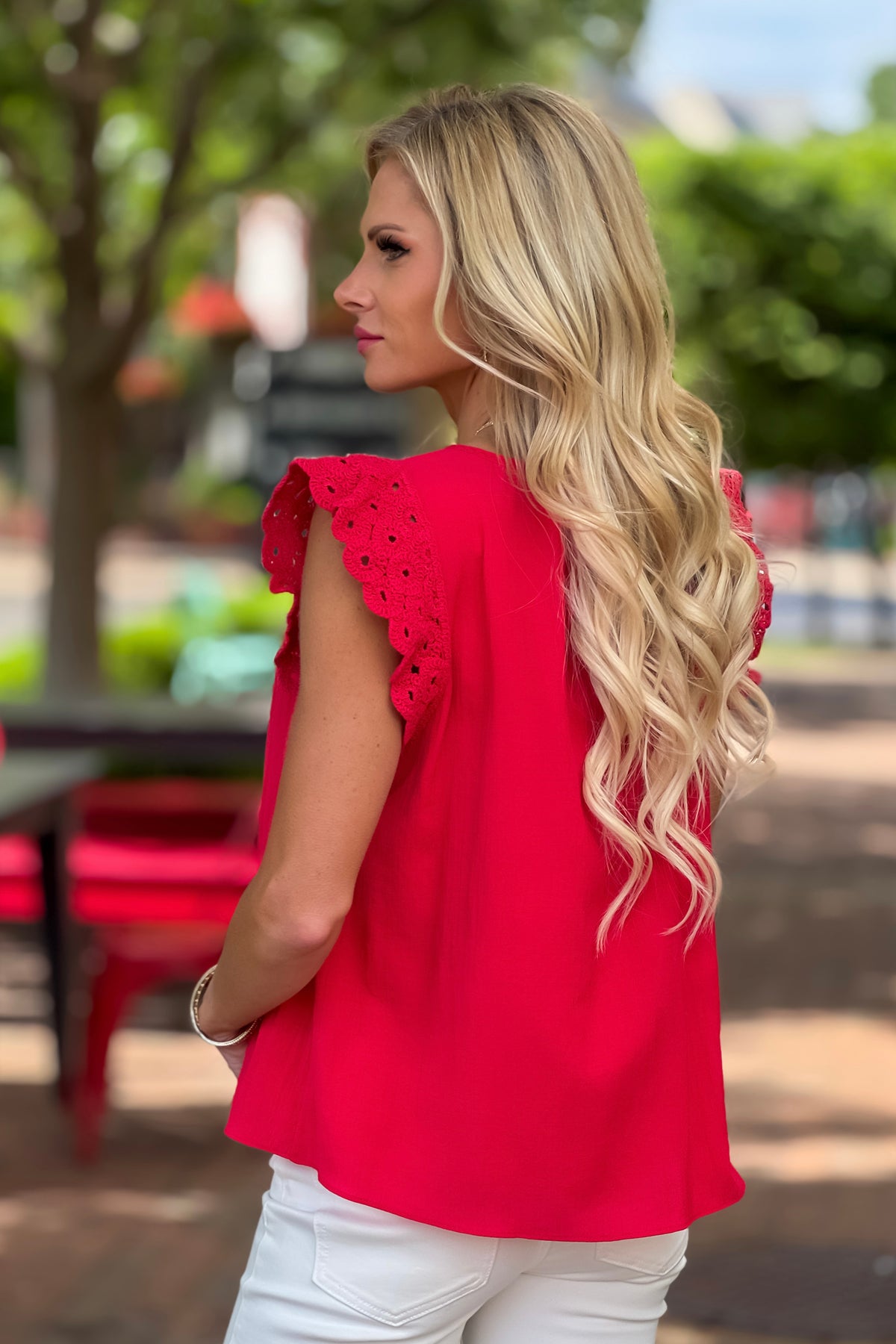 Seona Crochet Sleeve Button Top Blouse : Red