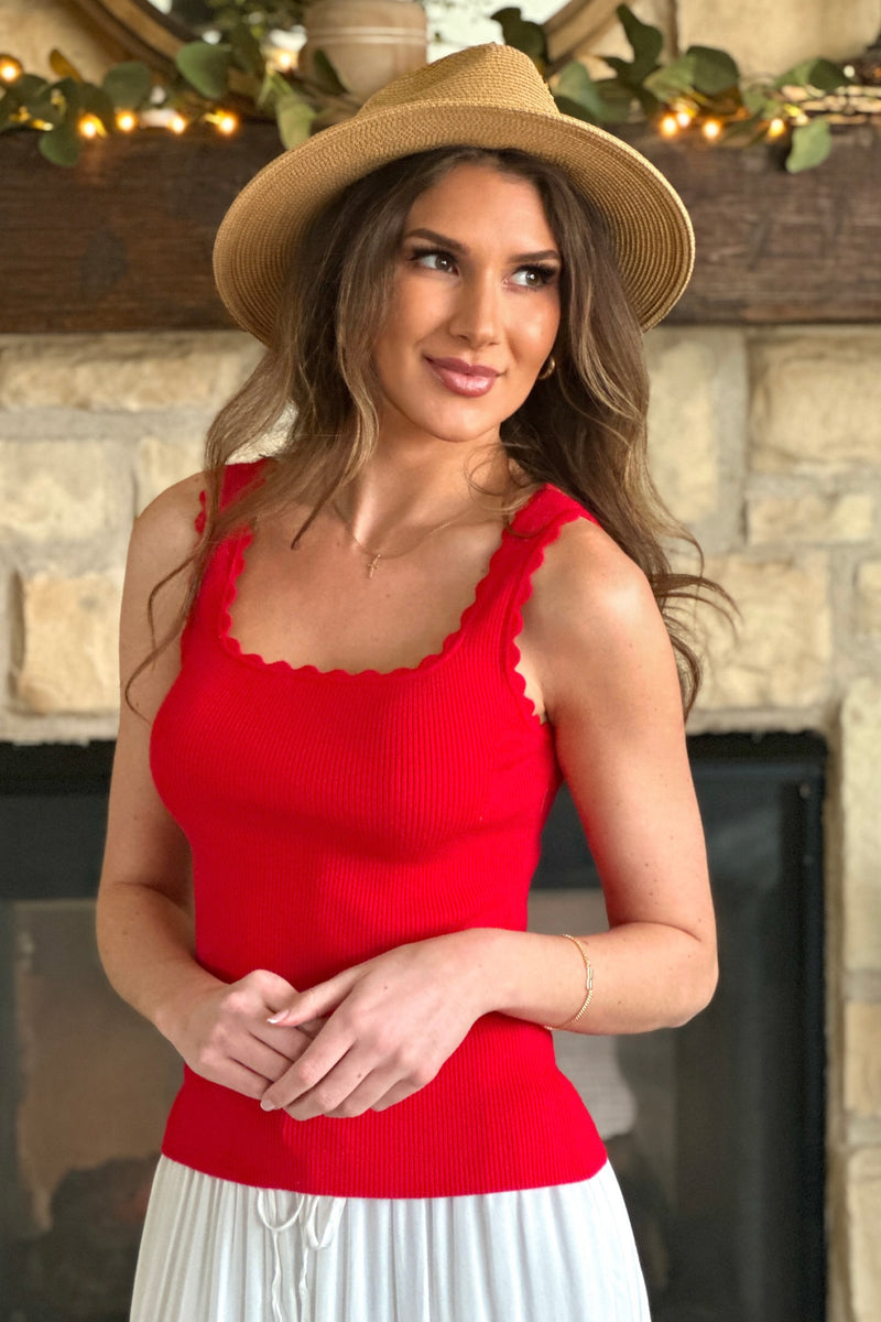 Alexanna Scalloped Rib Tank Top : Red