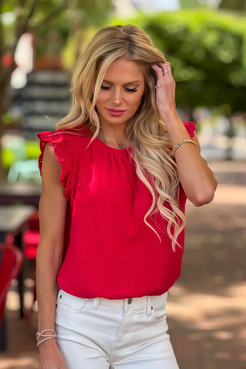 Seona Crochet Sleeve Button Top Blouse : Red