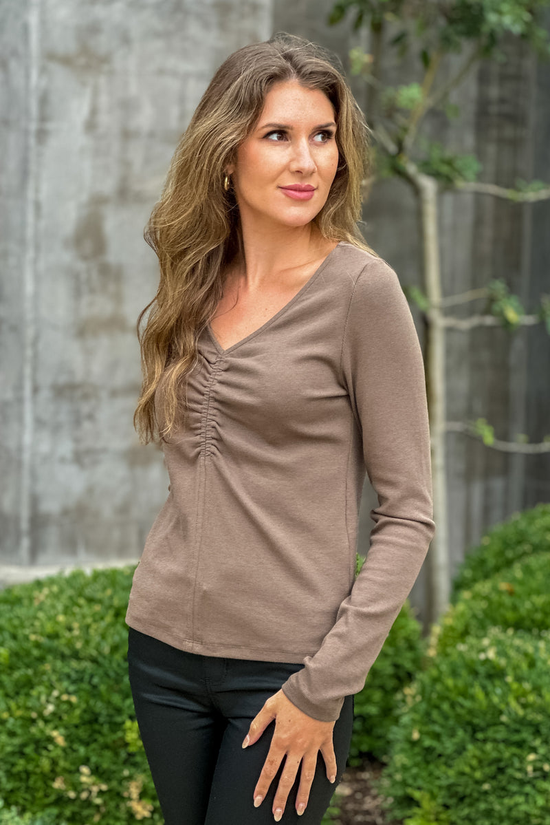 Amalda Ruched Rib Knit Top : Mocha