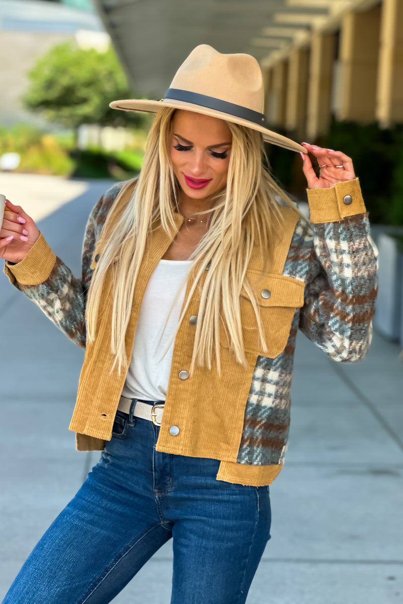 Let's Go There Plaid Contrast Corduroy Jacket : Camel/Blue/Brown