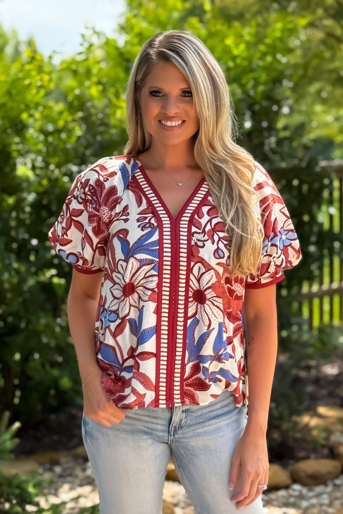 Kieryn Printed Banded Sleeve Blouse : Red Bean