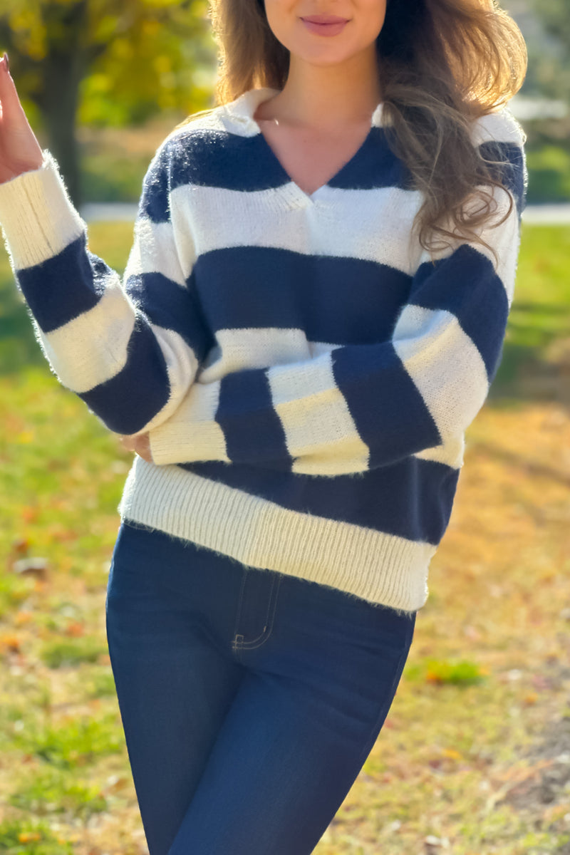 Sumner Big Collar Striped Sweater : Navy